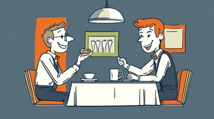 Two Men Sharing a Dessert and Conversation at a Table