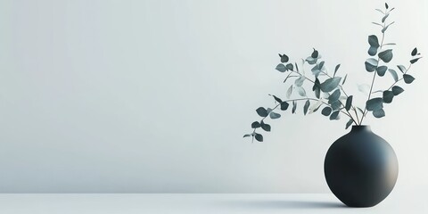 Wall Mural - Eucalyptus Branches in a Black Vase Against a White Wall