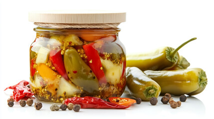 homemade pickled chili peppers in glass jar with spices and fresh peppers on white background