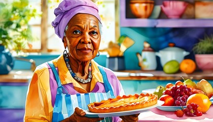 Wall Mural - Artistic portrayal of an elderly African American woman proudly presenting a homemade fruit pie in a vibrant watercolor kitchen, celebrating the joy of baking and family traditions.