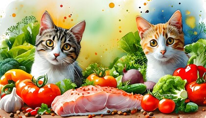 Whimsical watercolor depiction of cats amidst a colorful array of fresh vegetables and meats, celebrating the concept of healthy nutrition for pets.