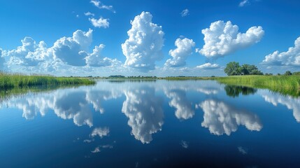 Canvas Print - Serene Lake Reflection with Fluffy Clouds