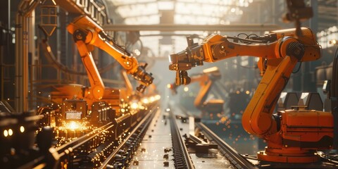 Poster - Supervisor overseeing automation of robot arms in intelligent factory industrial setting utilizing real time monitoring software Implementing welding robotics and digital manufacturing proc