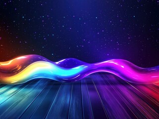 Aufkleber - a colorful wave is projected on a wooden floor. the colors are bright and vibrant, creating a sense 