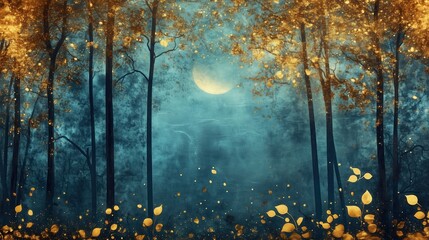 Wall Mural - a forest with a full moon in the sky. the moon is reflected in the water and the trees