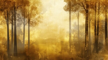 Wall Mural - a forest with trees in the background and a blurry foreground. the trees are golden in color, and th