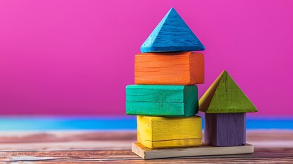 Wall Mural - Wooden multicolored toy house pyramid blocks on on wooden table isolated on purple and pink background