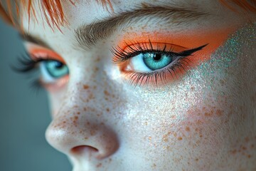 Sticker - Close-up of a woman's eye with vibrant orange eyeshadow and glitter