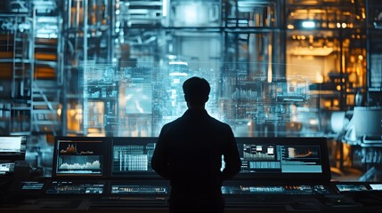 A man wearing a hard hat is looking at a computer screen with a 3D image of a building