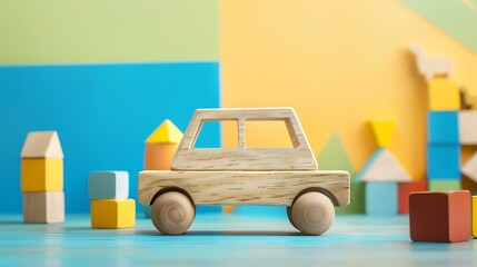 Wooden toy car with colorful blocks on geometric yellow blue green background