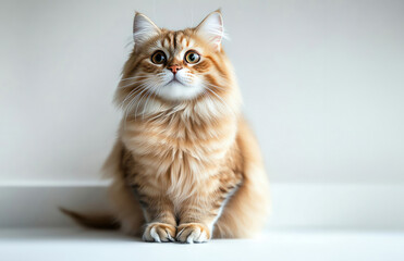 a fluffy orange cat with big eyes, sitting elegantly against a soft background, showcasing its playf