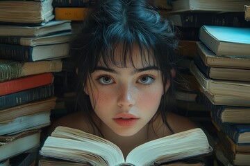 Poster - Young Woman Reading in a Pile of Books