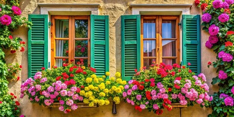 Traditional window shutters adorned with vibrant blooming flowers