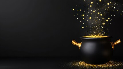 A mystical black cauldron emits golden sparkles and wisps of smoke, set against a clean, serene background.