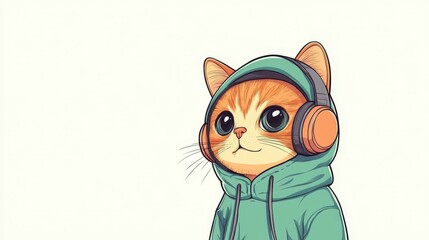 Sticker - Adorable animated cat in a cozy hoodie and headphones, bringing cuteness to life with a clean background.