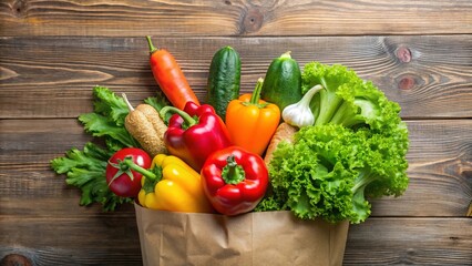 Fresh vegetables in a grocery bag variety of produce including tomatoes, cucumbers, carrots, bell peppers, and lettuce