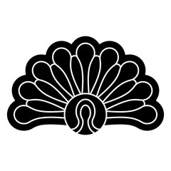 Wall Mural - Stylized flower or seashell. Palmette motif or peacock tail. Folk style. Geometrical abstract decorative element. Black and white silhouette.