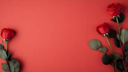 Wall Mural - A red background with a bunch of red roses in the foreground