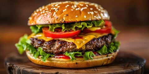 Beef patty with melted cheese crisp lettuce and ripe tomato in a cheeseburger