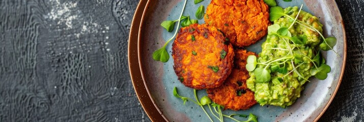 Poster - Vegan sweet potato fritters served with creamy guacamole and microgreens on a ceramic plate, showcasing plant-based cuisine from above.