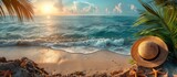 Fototapeta Morze - Sun-Kissed Beach at Sunrise with Palm Trees and a Straw Hat