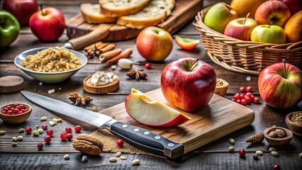 Close up shot of apple slice on assorted foods with knife on table