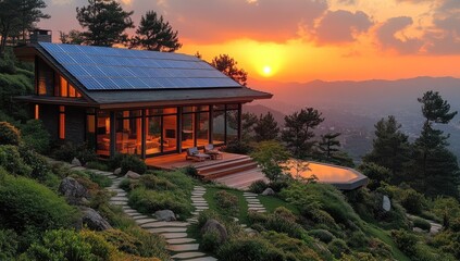 Canvas Print - Modern Home with Solar Panels and Sunset View