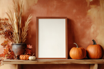 Wall Mural - blank vertical picture cherry brown frame mock-up halloween pumpkin and corn on wooden table white space