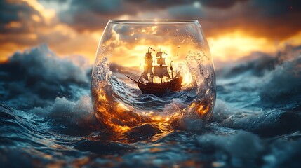 Canvas Print - A sailboat trapped in a glass jar on a stormy sea with a dramatic sunset in the background.