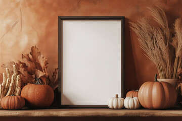 Wall Mural - blank vertical picture black frame mock-up halloween pumpkin and corn on wooden table white space