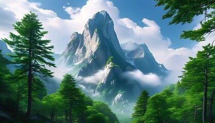 The towering mountain peak is in a quiet natural environment, surrounded by green trees and surrounded by clouds, showing a magnificent scene of nature.