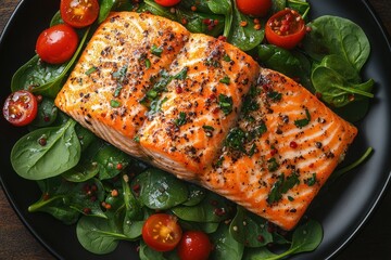 Sticker - Grilled Salmon with Spinach and Cherry Tomatoes