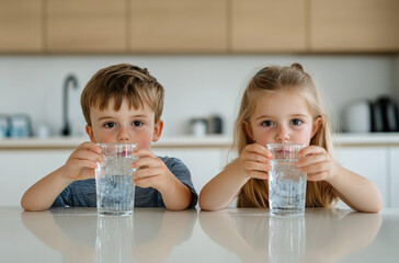 Canvas Print - A boy and girl drinking water from glasses in the kitchen, sitting at a table