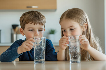 Canvas Print - A boy and girl drinking water from glasses in the kitchen, sitting at a table