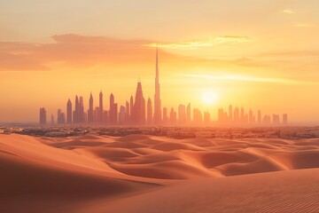 Wall Mural - Dubai Skyline at Sunset with Desert Dunes â€“ Captivating Blend of Modern Architecture and Desert Adventure, ai