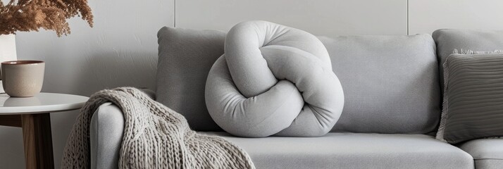 Sticker - Chic light gray knotted cushion on a comfortable Scandinavian-style couch