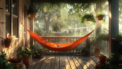 A cozy porch with an orange hammock, surrounded by misty morning light and hanging potted plants