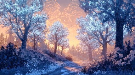 Poster - Snowy Forest Path at Sunset