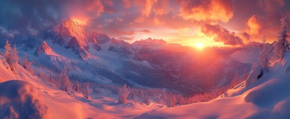 Sticker - Snowy Mountain Landscape at Sunset