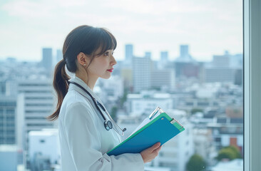 Canvas Print - A Japanese female doctor in a white coat holds a medical notebook, viewed from the side with office buildings and a skyline in the background