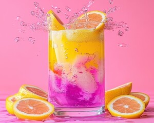 Vibrant refreshing summer citrus drink in a tall glass splashing with ice and lemons against a bright pink background. Perfect for hot days!