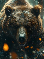 Wall Mural - a large brown bear with a fierce expression, its fur is wet and muddy, and its teeth are bared.