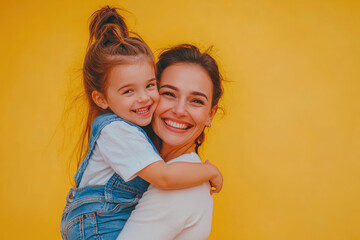 Canvas Print - Happy young woman, a mother, and her little daughter in casual having fun, hugging on a yellow background.