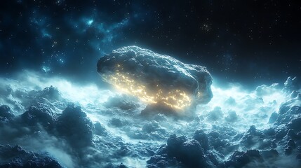 Wall Mural - A glowing asteroid floats above a field of clouds in a starry sky.