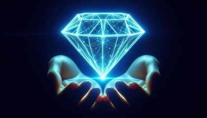 Hologram diamond icon, glowing blue light, outstretched hand, futuristic technology concept, business excellence, elegance, precision