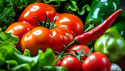 Wall Mural - Colorful still life of fresh vegetables including tomatoes, peppers, and leafy greens showcasing natural vibrancy and freshness