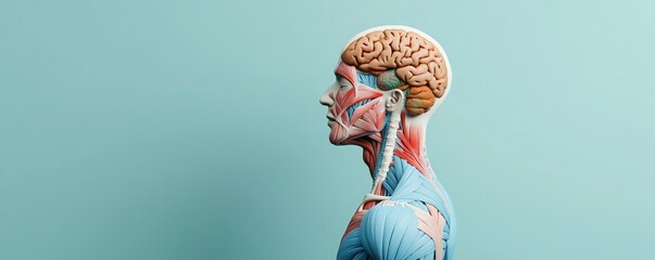 A detailed anatomical illustration of the human head showcasing brain and muscle structure on a serene background.