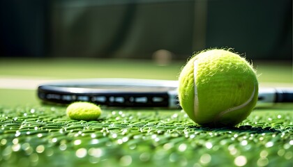 Tennis ball resting on green court beside a racket, capturing the essence of the game in a moment of stillness