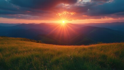 Poster - Golden Sunset Over Mountain Range