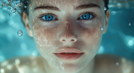 Poster - A close-up of the face and neck, a beautiful woman with blue eyes floating in water, swimming pool background, fresh skin tone, clear facial features